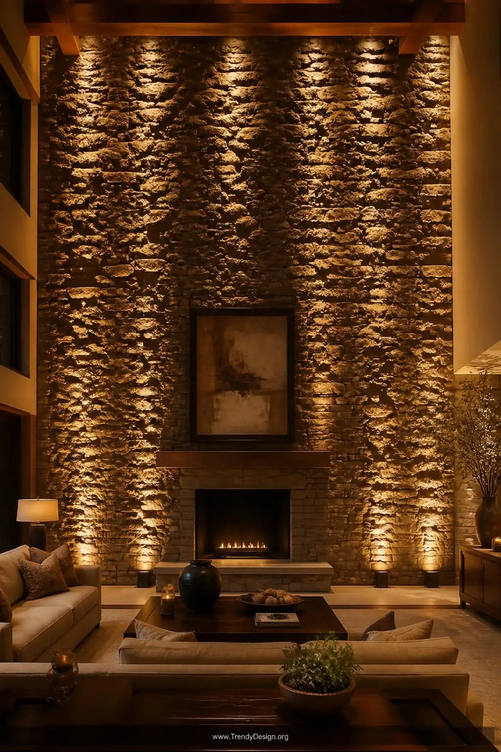 Wide-angle photorealistic interior shot of a dramatic living room featuring a floor-to-ceiling exposed stone wall bathed in a