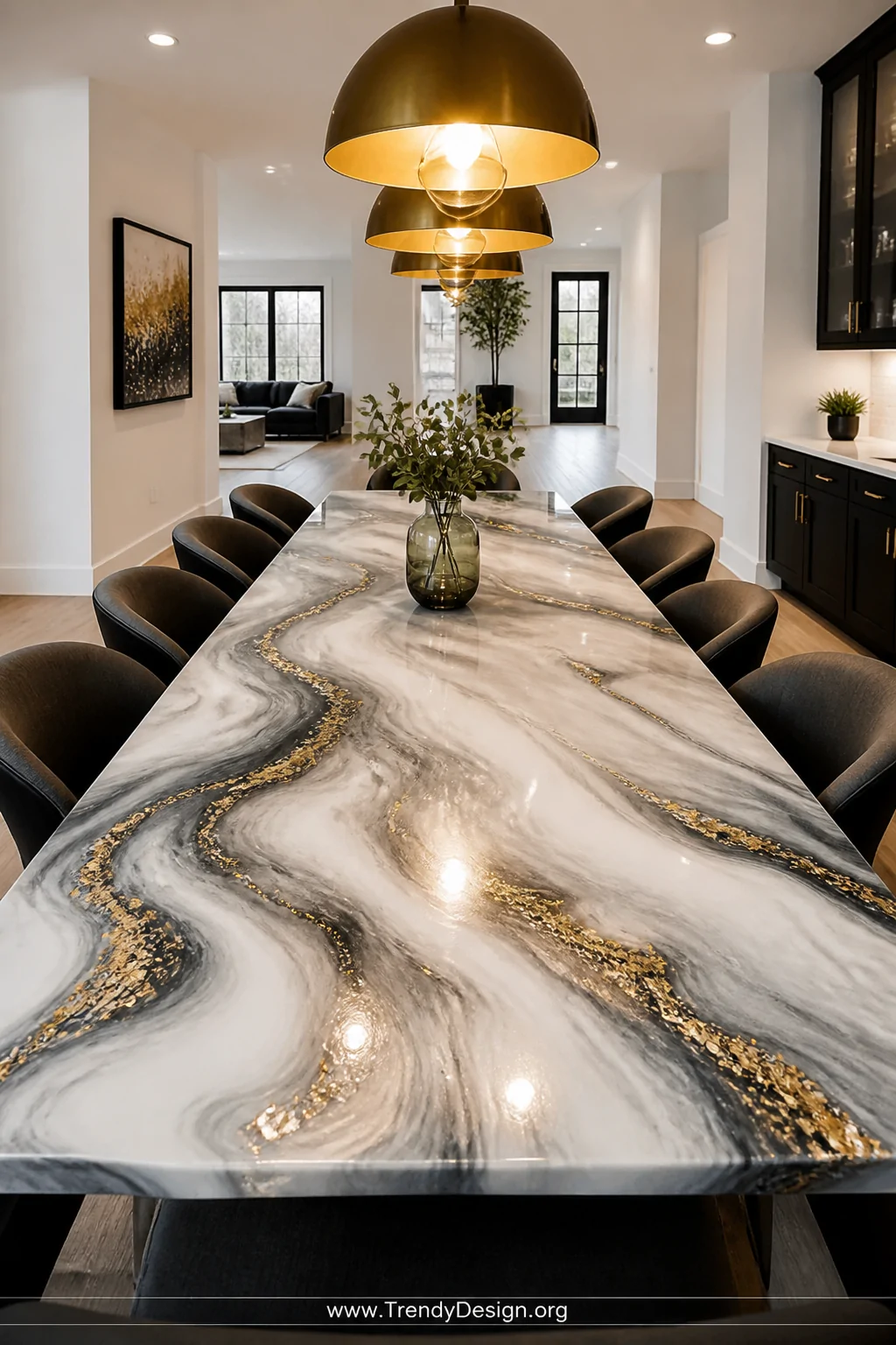 A wide room shot of a sleek dining table with a freshly cured epoxy resin surface featuring dramatic white and grey marble-ef