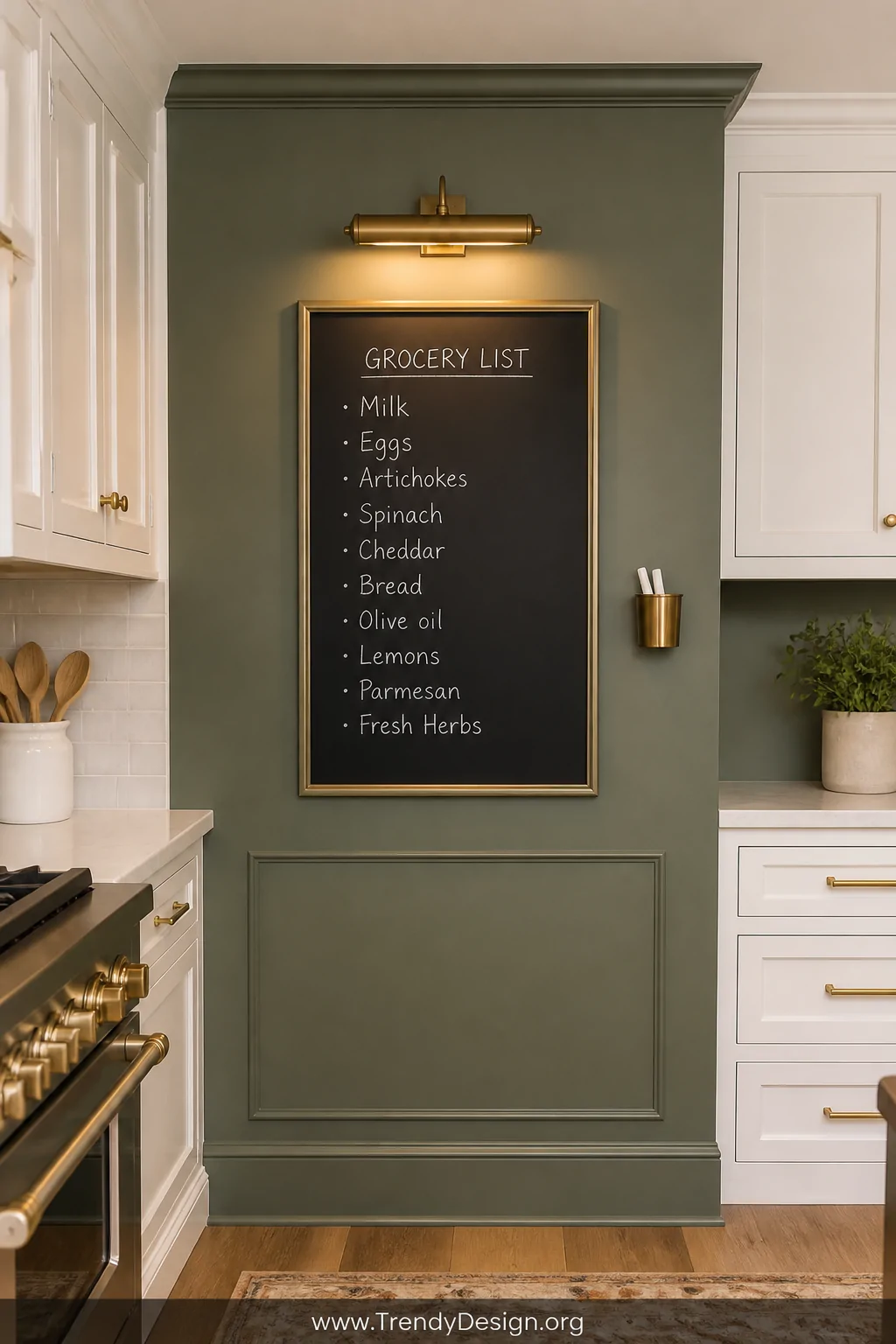 A wide kitchen shot featuring a matte sage green apron board with a centered chalkboard panel framed in thin brass trim, hand