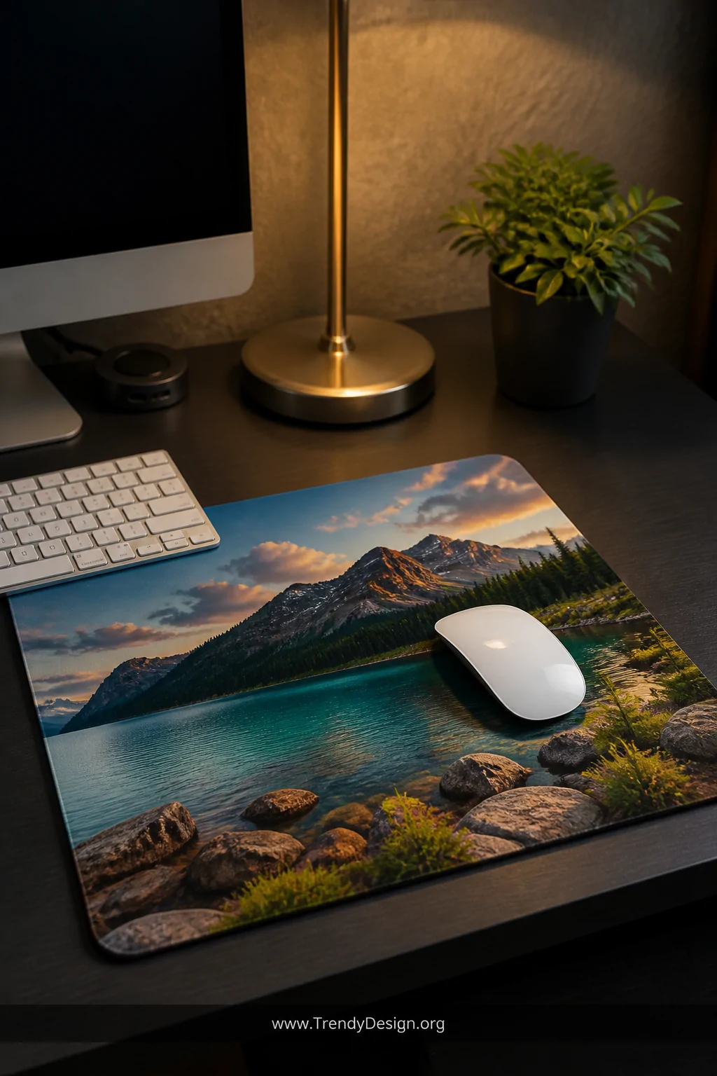 A closeup detail shot of a sleek home office desk corner featuring a custom photo mousepad displaying a vibrant high-resoluti