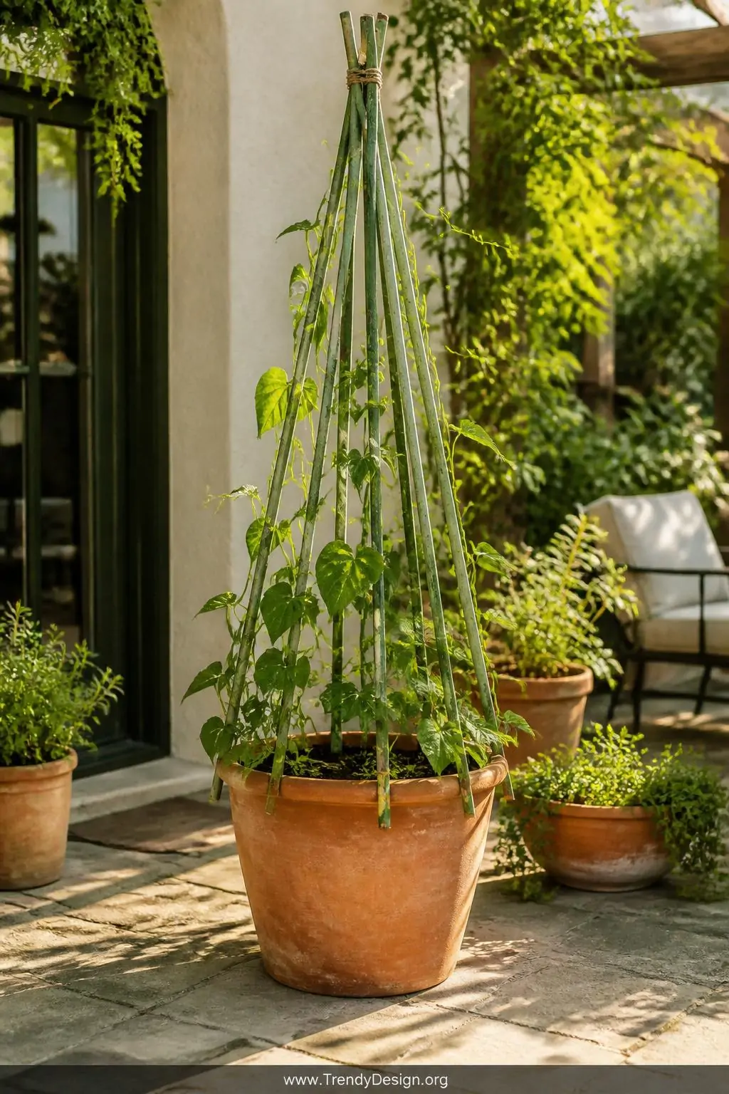 A wide shot of a sun-drenched garden patio featuring a large terracotta pot with six natural bamboo stakes tied at the top wi