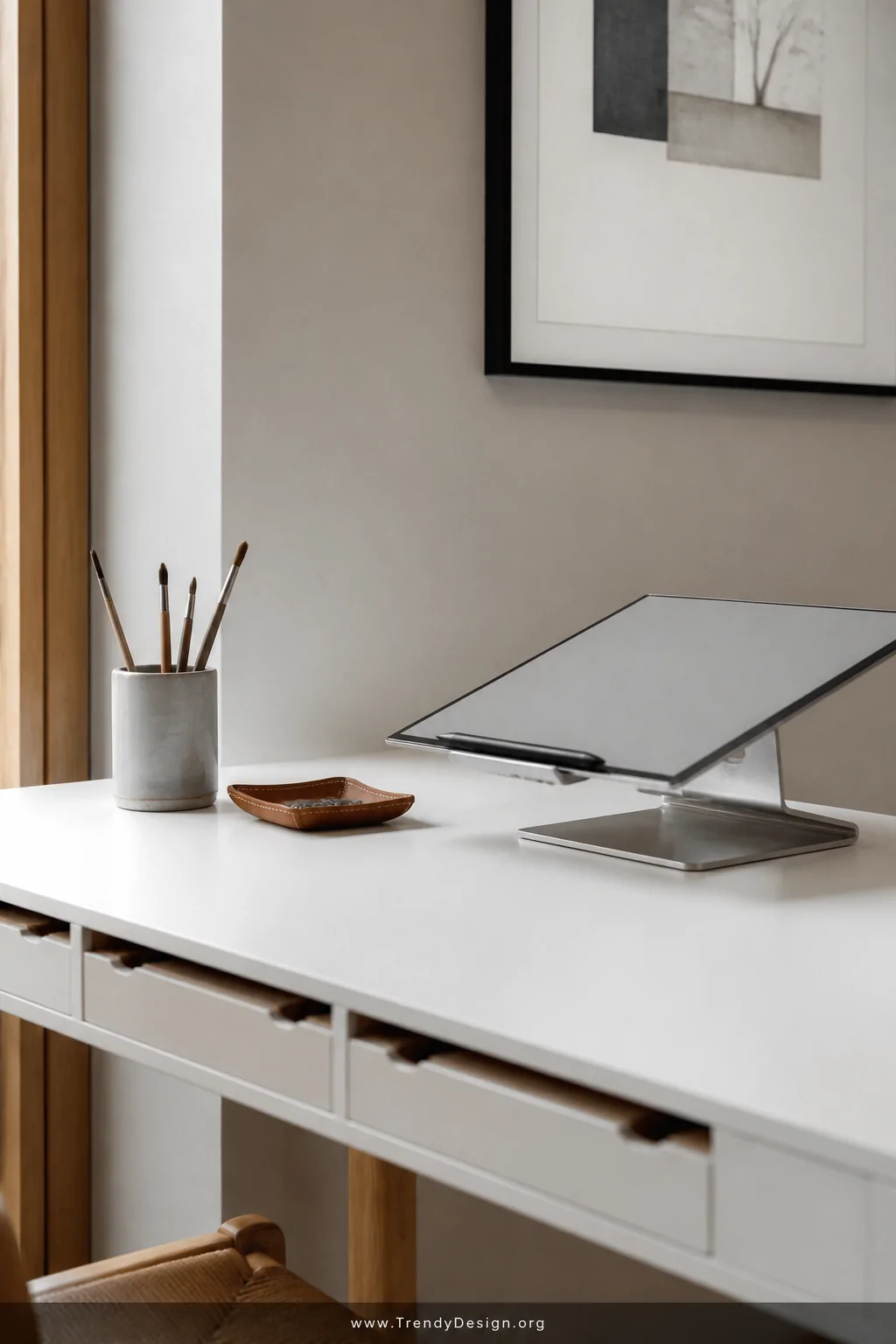 Wide shot of a minimalist white art desk against a neutral wall with a single small ceramic brush holder, one slim leather ca