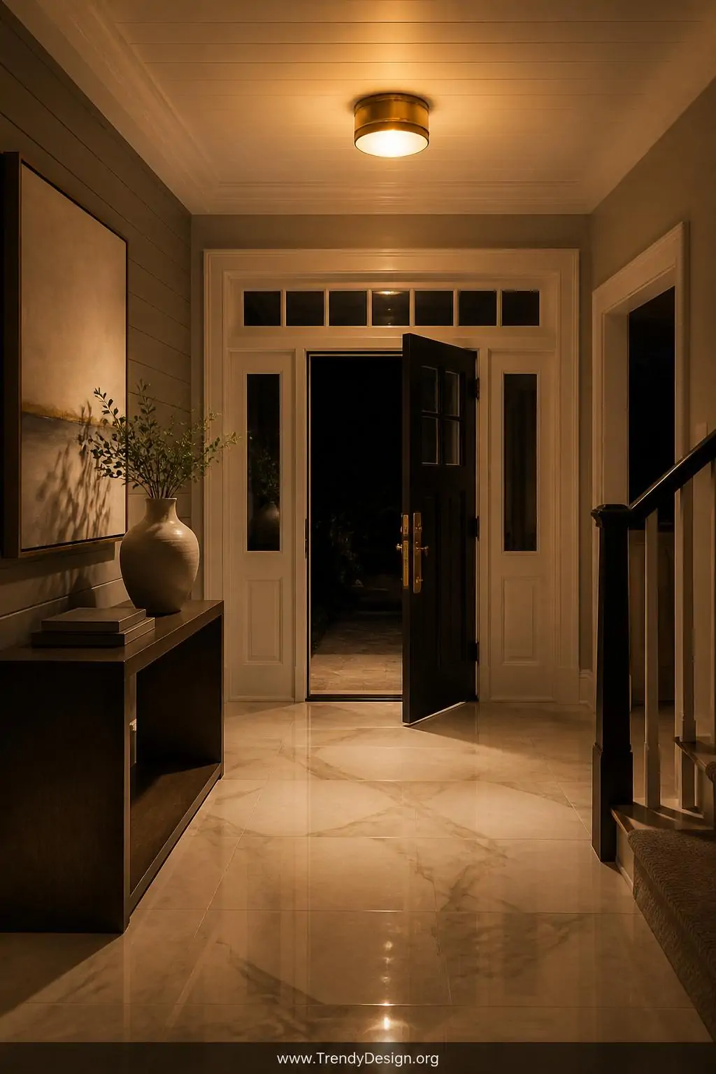 Wide-angle photorealistic interior shot of a grand foyer at night, warm golden 2700K overhead light spilling from a brushed b