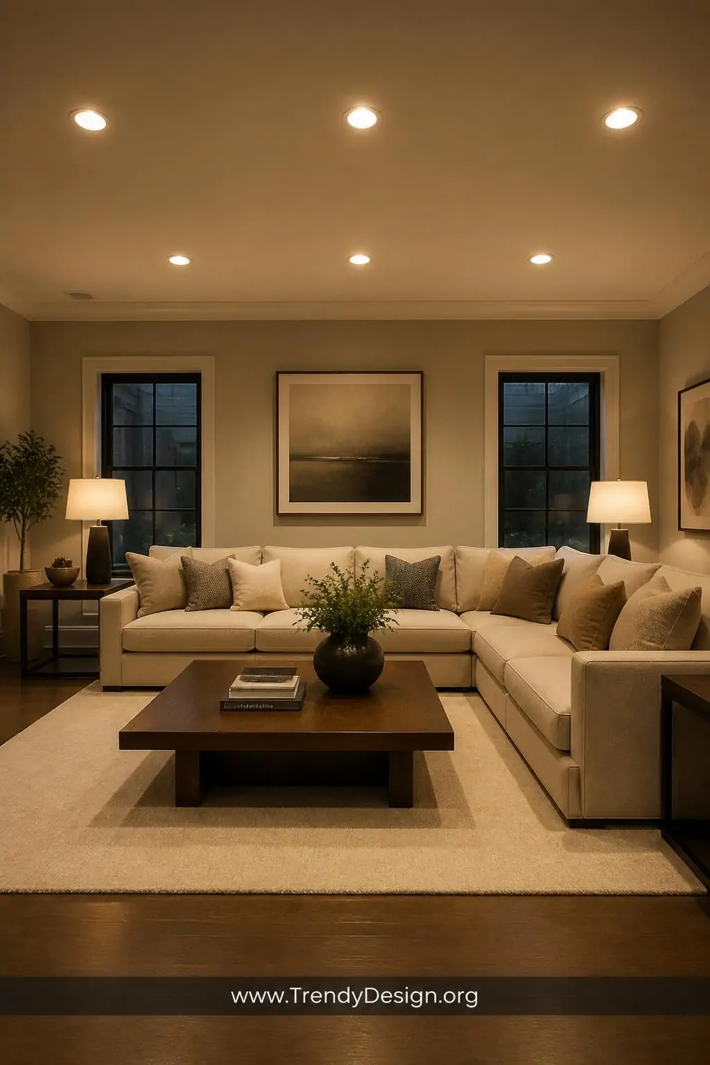 A wide-angle photorealistic interior shot of a spacious living room with a perfectly symmetrical grid of six recessed ceiling