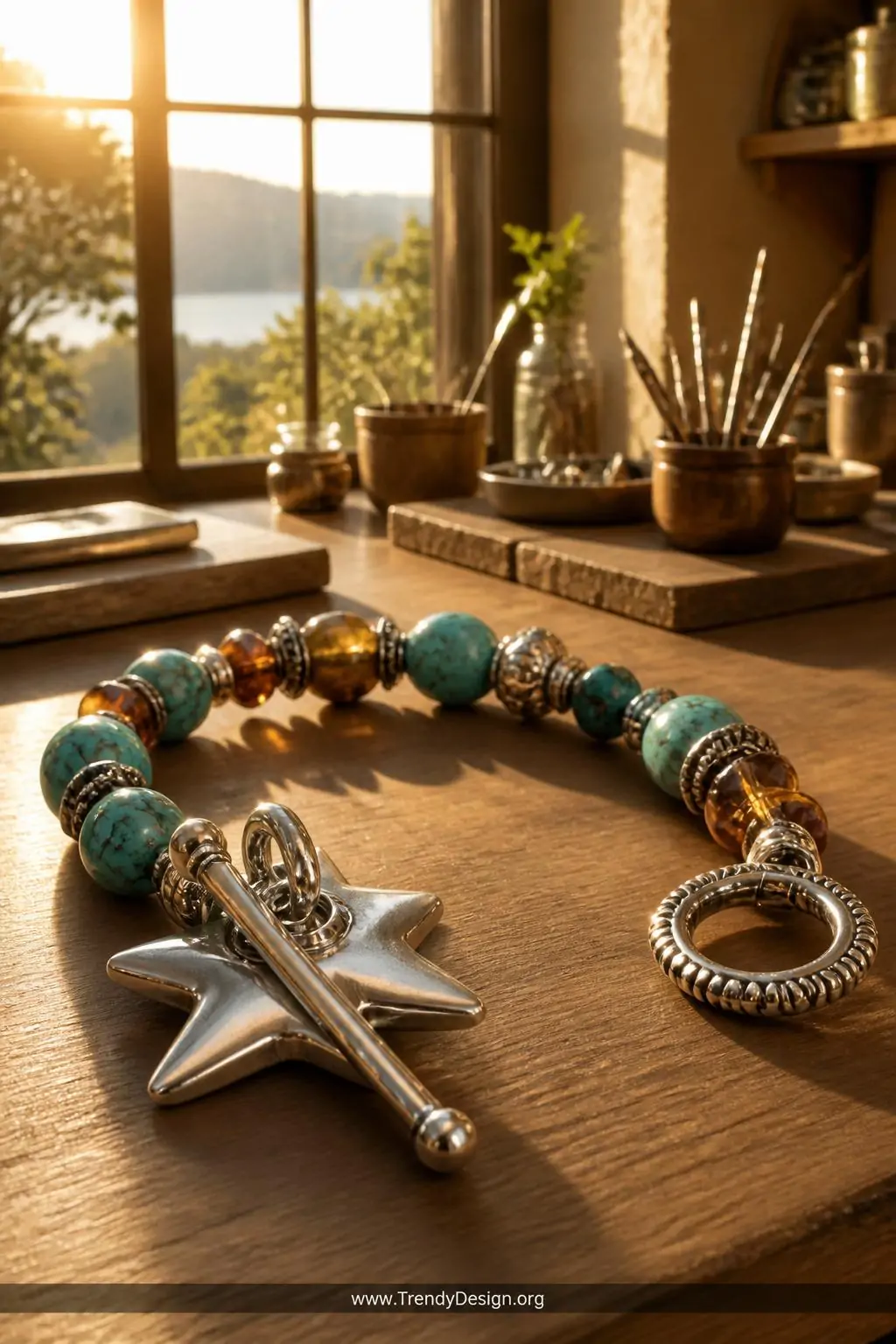 A sunlit jewelry studio workbench displays an oversized star-shaped sterling silver toggle clasp resting beside a chunky turq