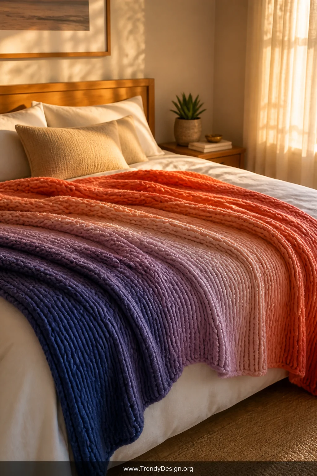 A neatly made bed with a draped handmade knitted blanket flowing across white linen bedding, the blanket displaying a seamles