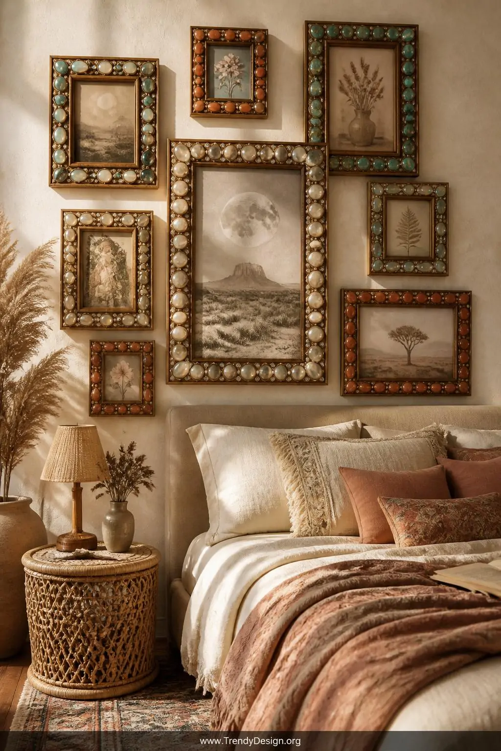 A wide-shot bohemian bedroom vignette featuring a gallery wall of wooden picture frames elaborately bordered with moonstone, 