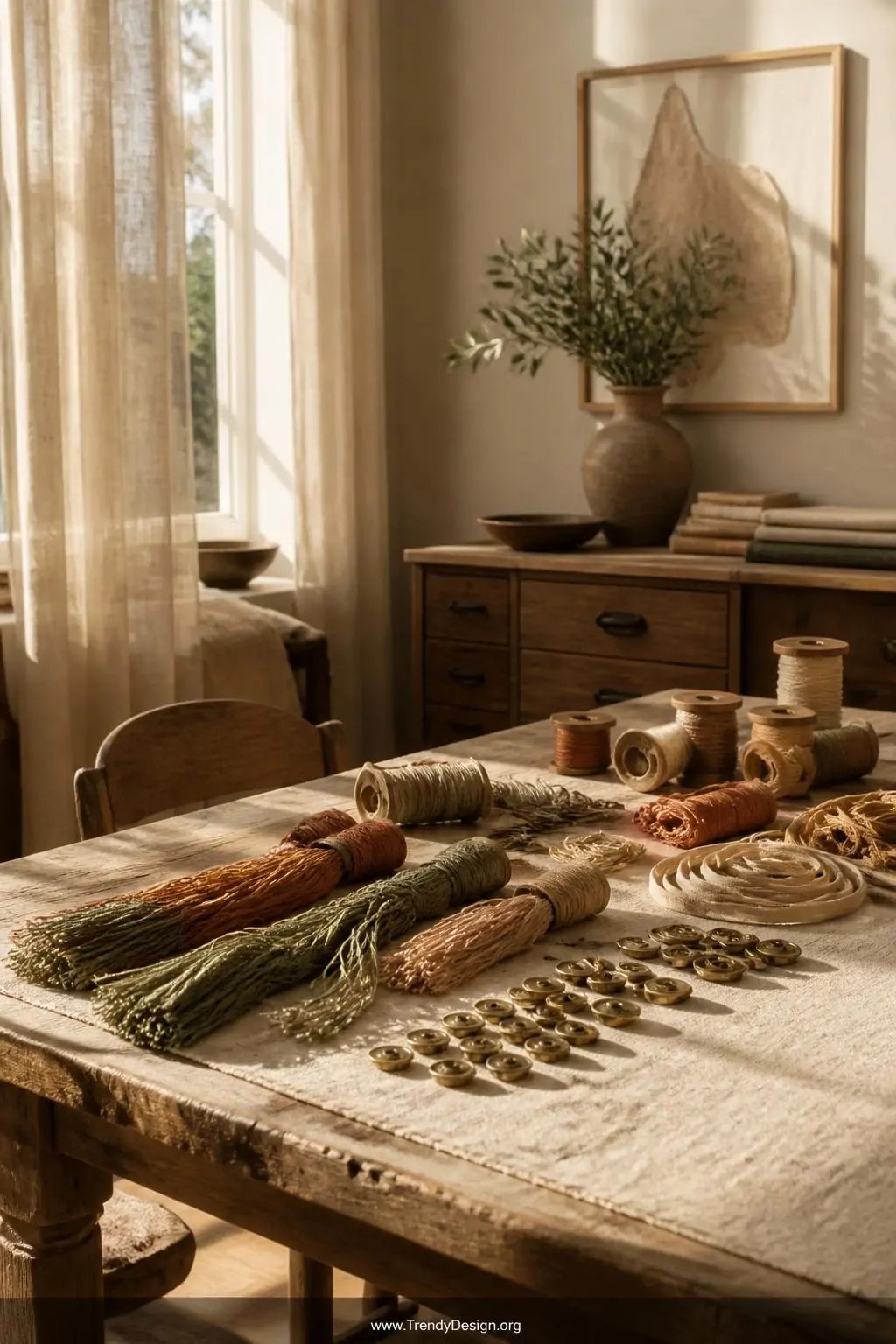 A sunlit artisan workspace with a wide shot reveals a weathered oak table scattered with spools of dusty terracotta silk embr