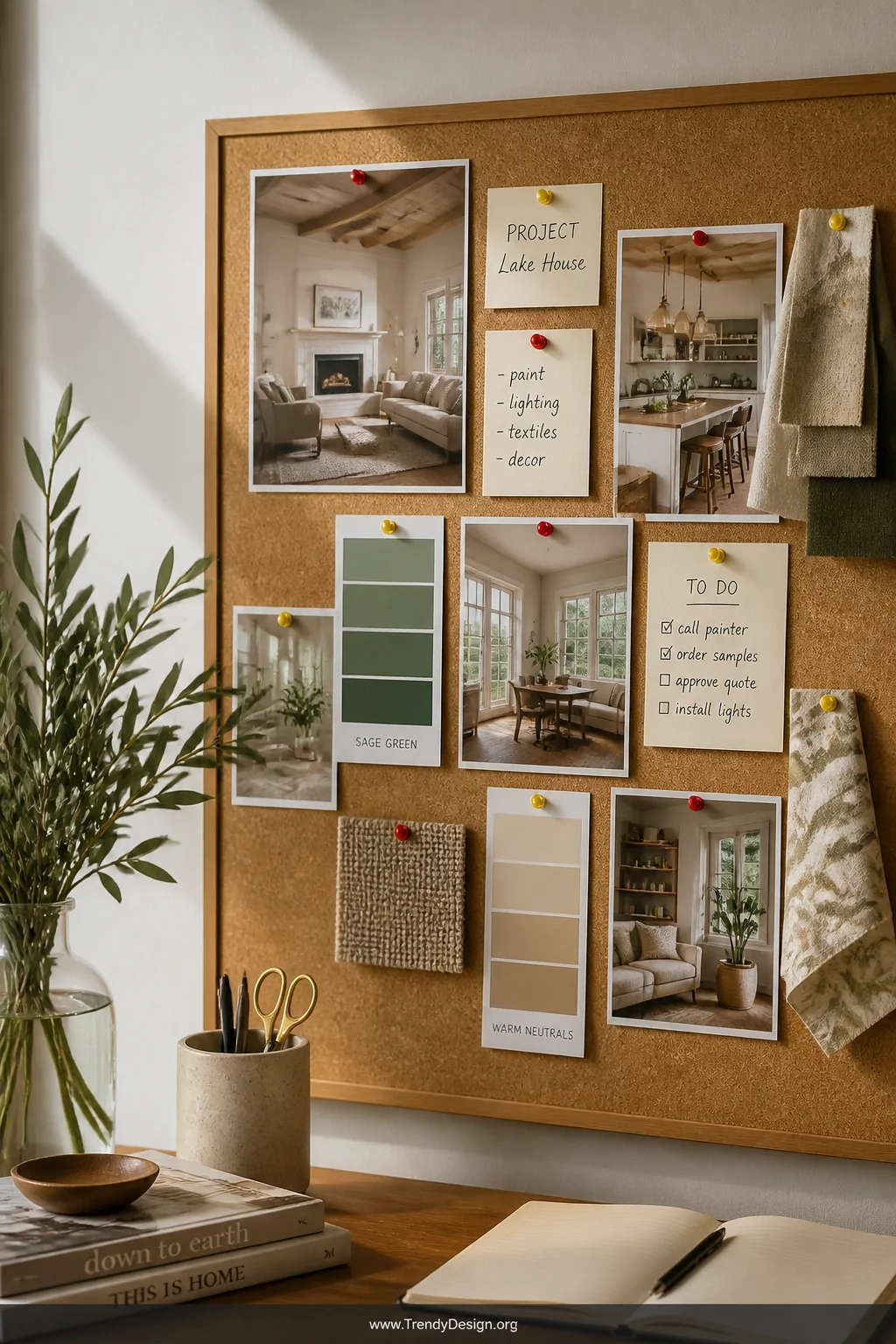 A sunlit home office nook featuring a large natural cork board mounted on a white wall, covered with printed interior inspira