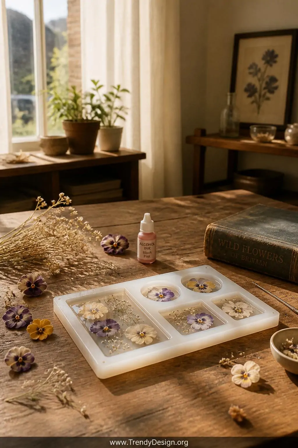 A sunlit wooden craft table displays a silicone mold filled with crystal-clear resin embedding delicate pressed pansies and b