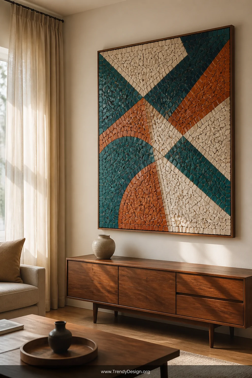 Wide room shot of a modern living room featuring a large framed mosaic canvas artwork hung on a warm white wall, composed of 