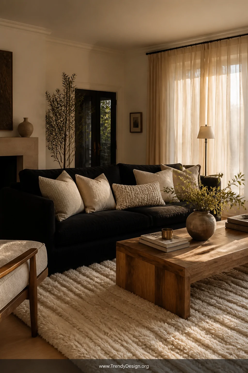 Wide shot of an elegant living room featuring a sleek black sofa dressed with layered cream and ivory throw pillows in mixed 