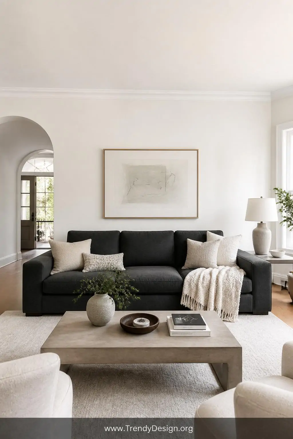 8 Neutral Living Room Dark Grey Couch Designs That Feel Bright and Airy