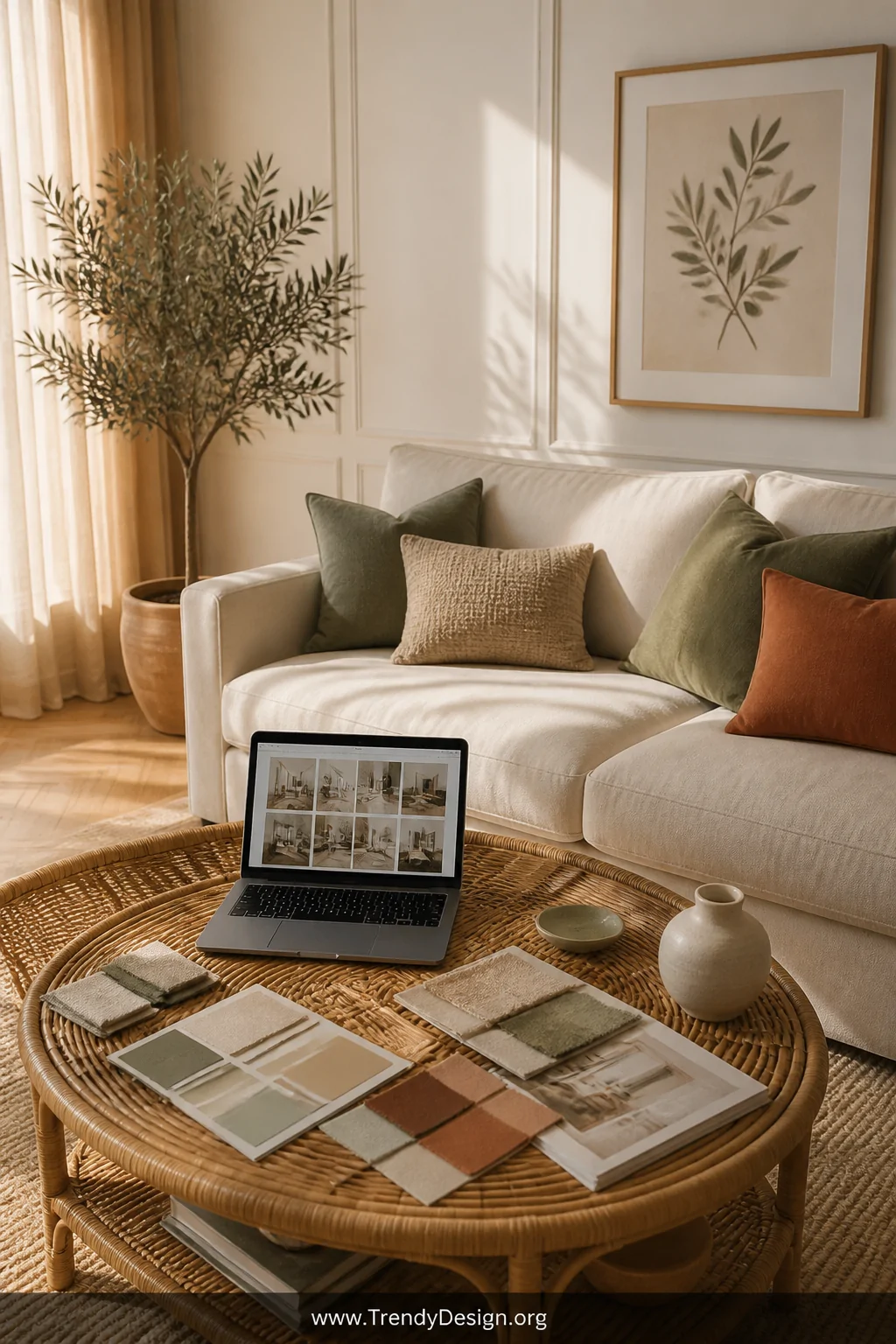 Wide-angle shot of a beautifully curated living room interior design consultation mood board setup, featuring a cream linen s