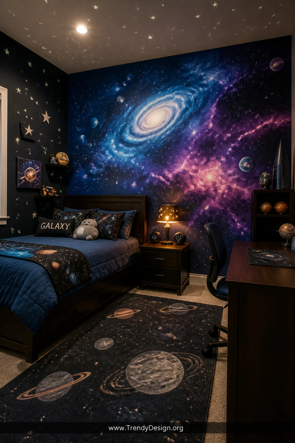 Wide-angle photorealistic interior shot of a child's bedroom featuring a dramatic floor-to-ceiling peel-and-stick galaxy mura