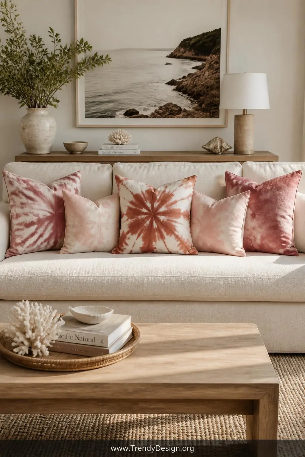 Wide shot of a sunlit neutral linen sofa styled with an artful grouping of five tie dye throw pillows in dusty rose, terracot