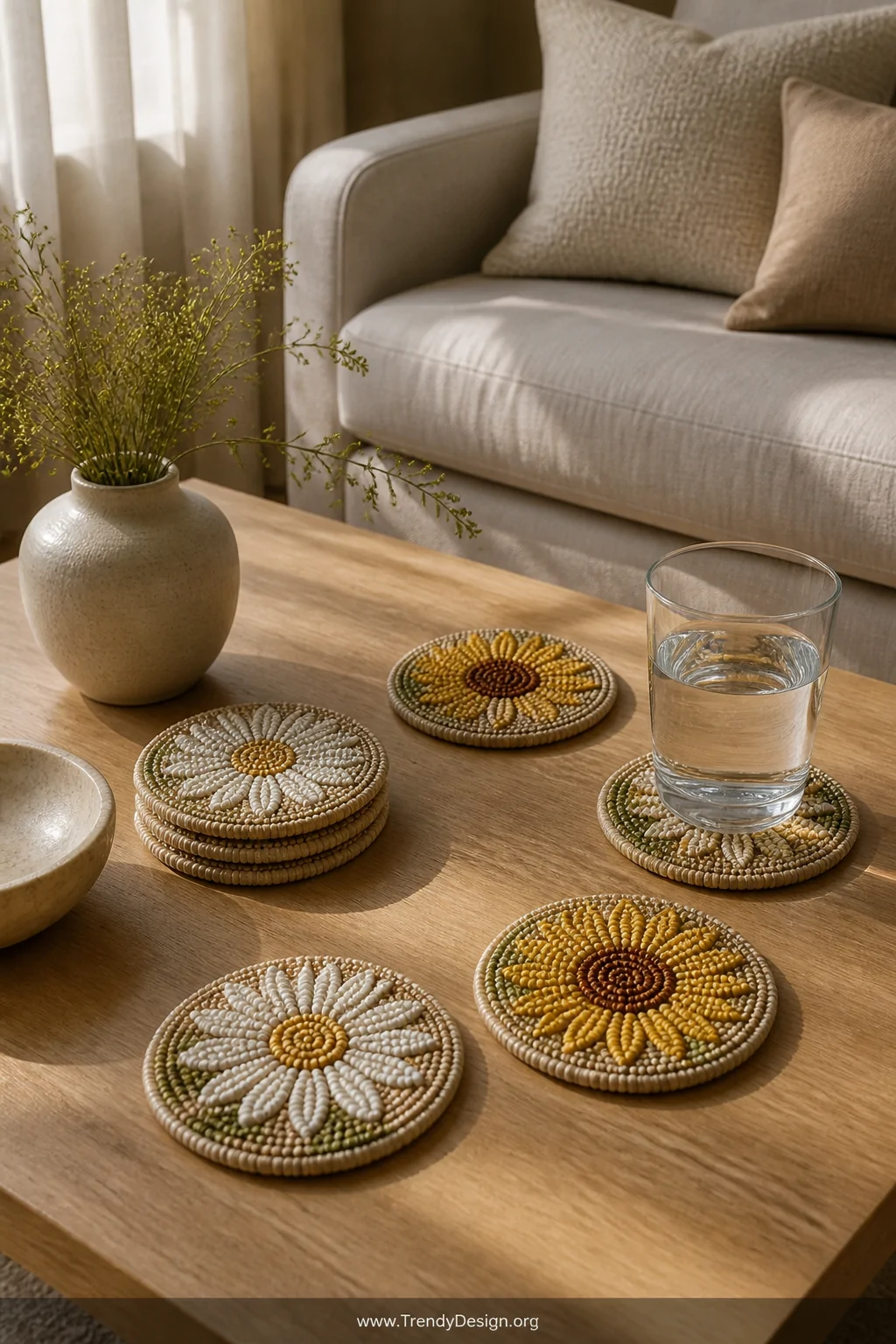 A styled coffee table vignette shot from a medium angle, featuring a set of round handmade floral coaster sets arranged on a 
