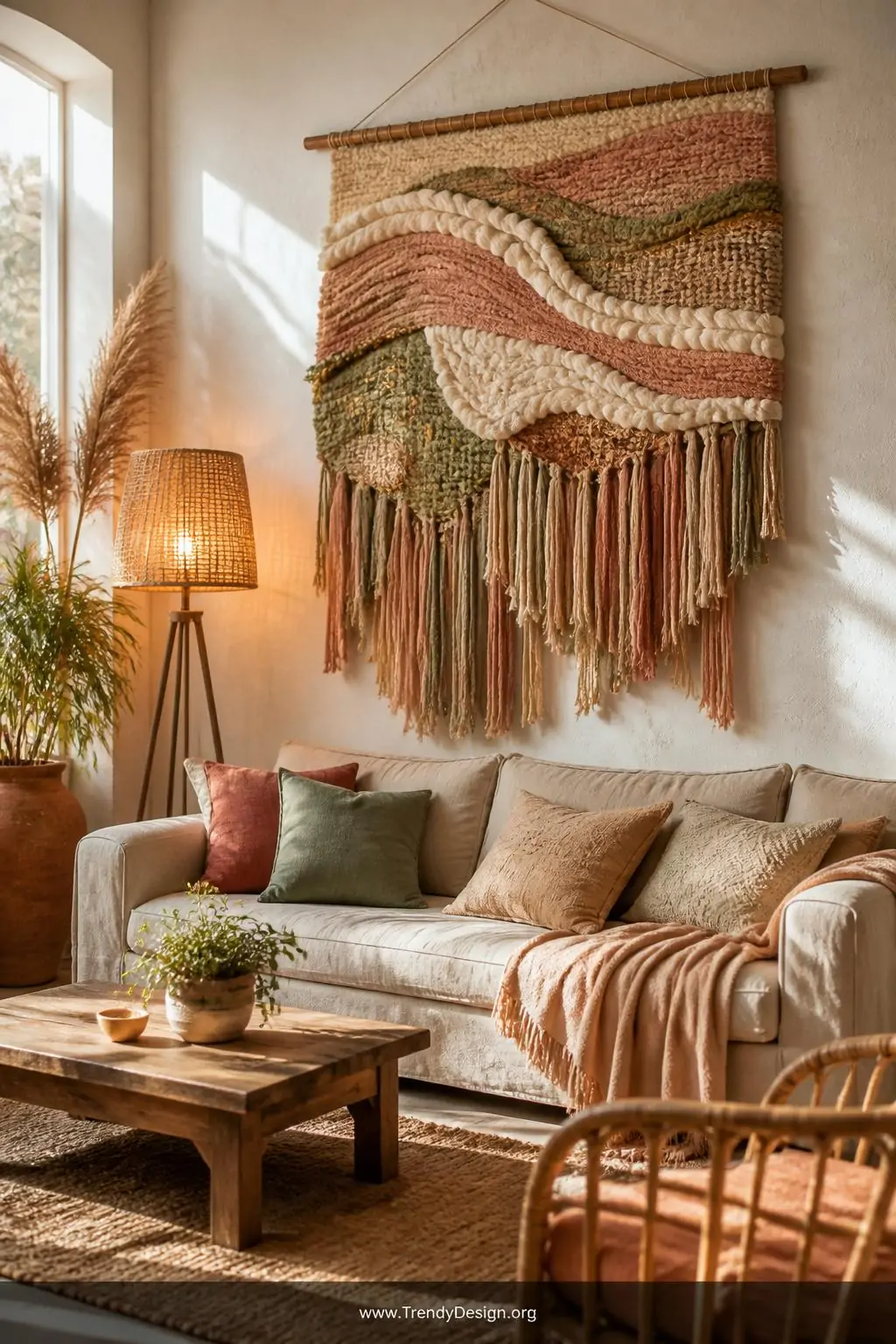 Wide shot of a sun-drenched bohemian living room featuring a large woven wall hanging mounted on a wooden dowel above a natur