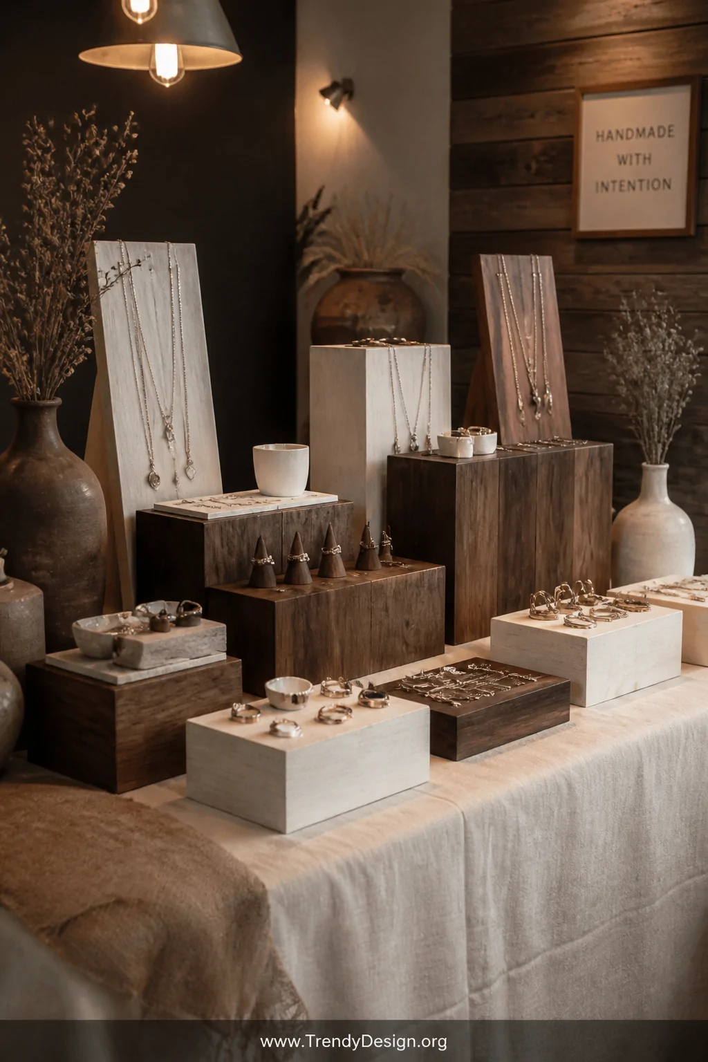 Wide room shot of a rustic craft show vendor table featuring stacked tiered wooden risers in varying heights stained in deep 
