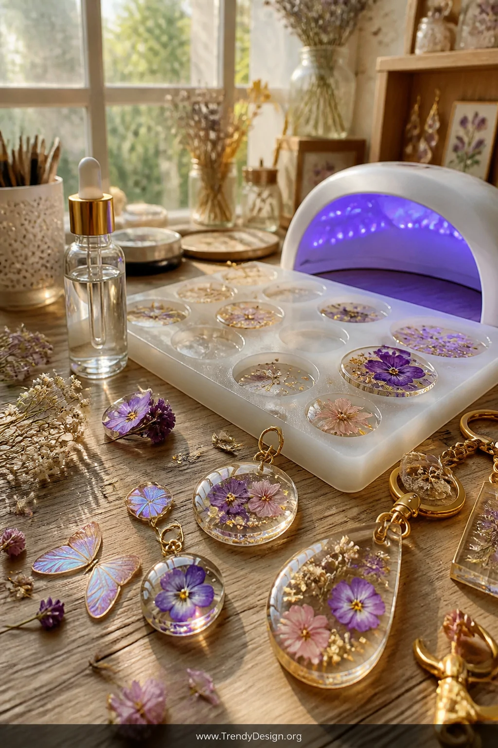 A sunlit craft studio workbench with UV resin keychains in silicone molds at various curing stages, crystal-clear charms enca