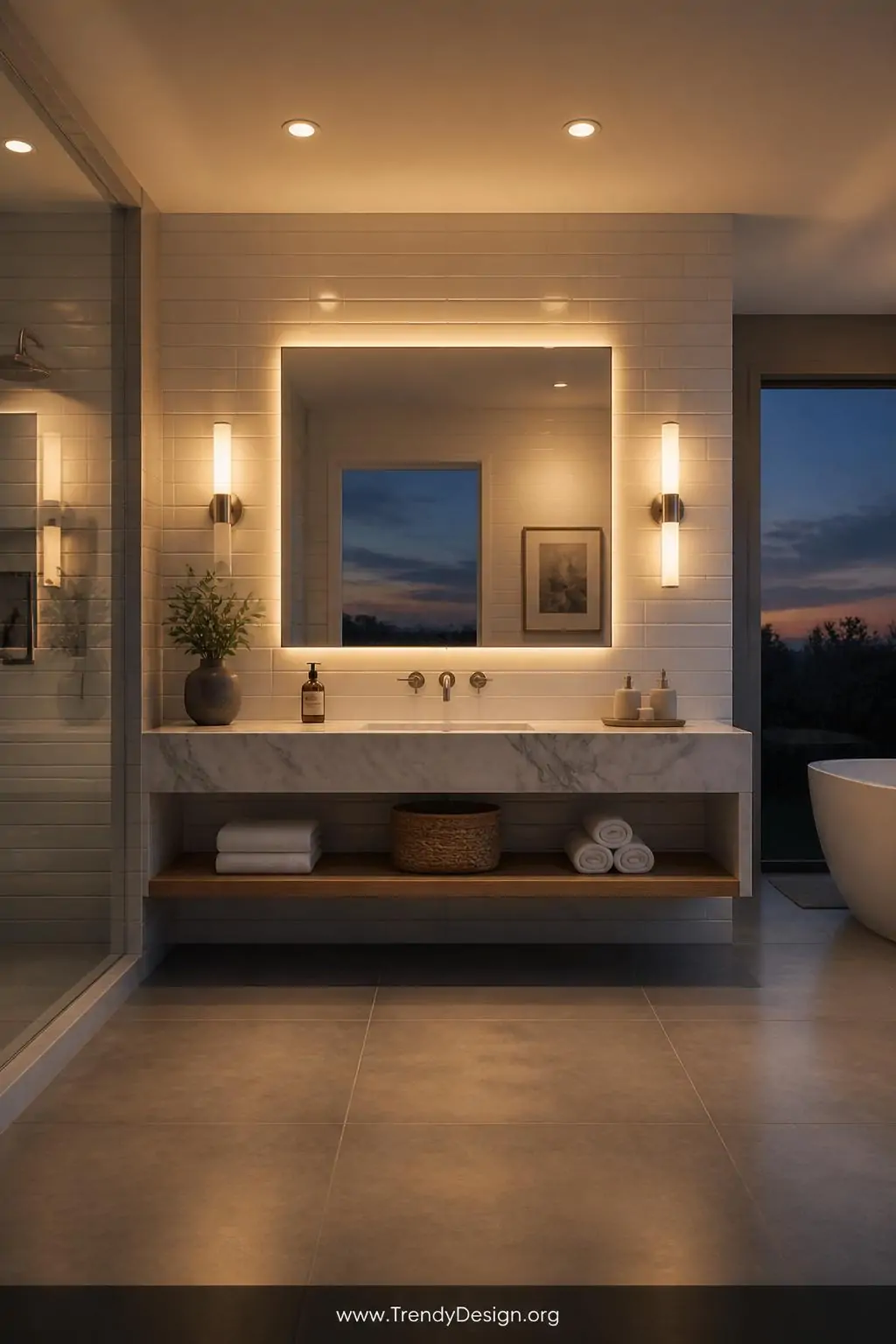 A wide-shot photorealistic luxury bathroom interior featuring three distinct layers of illumination working in perfect harmon