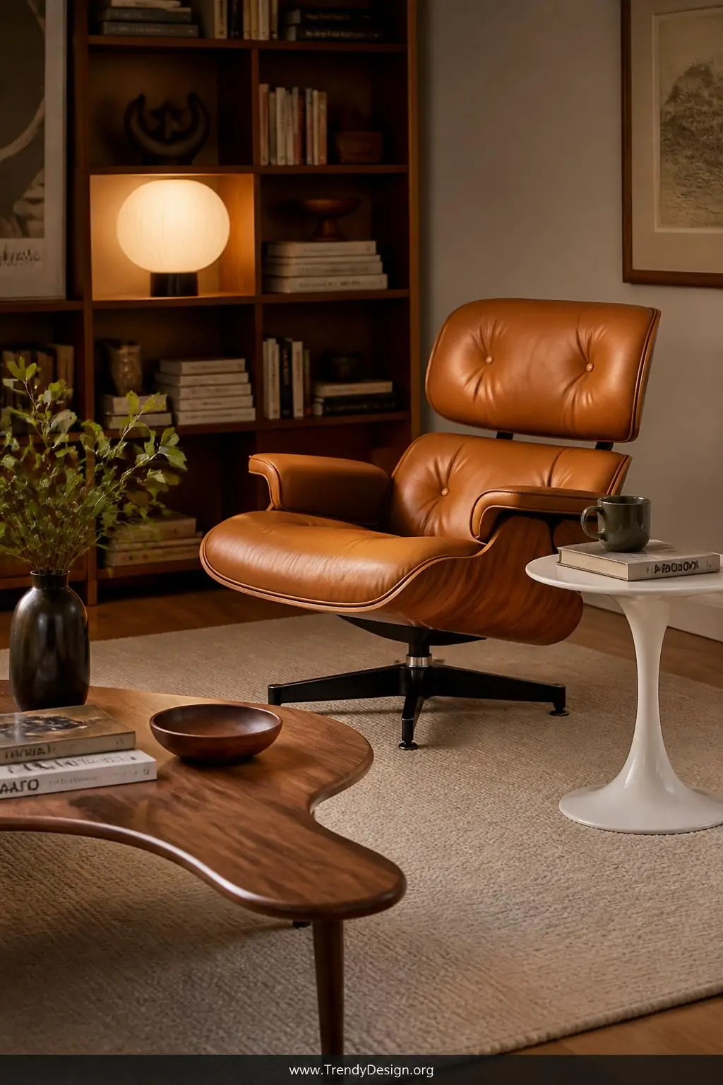 Medium shot of a sculptural Eames-style lounge chair in cognac leather positioned beside a tulip-shaped white side table, a k