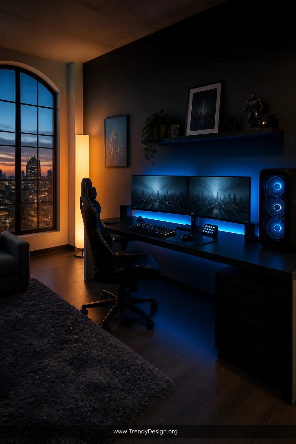 Medium photorealistic interior shot of a gaming loft desk area at dusk, RGB LED strips casting deep blue light behind dual mo