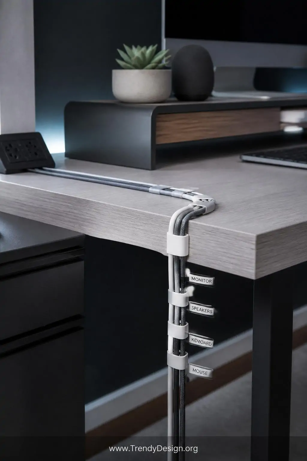 Medium shot of a modern desk edge in charcoal and white tones where small matte white adhesive cable clips guide a series of 