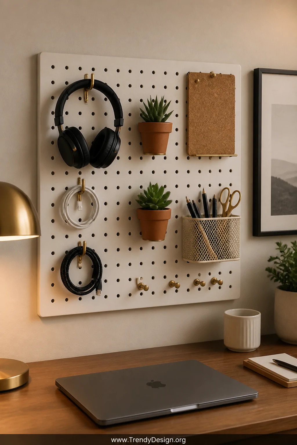 Medium shot of a matte white pegboard mounted behind a desk, styled with brass hooks holding headphones and charging cables, 