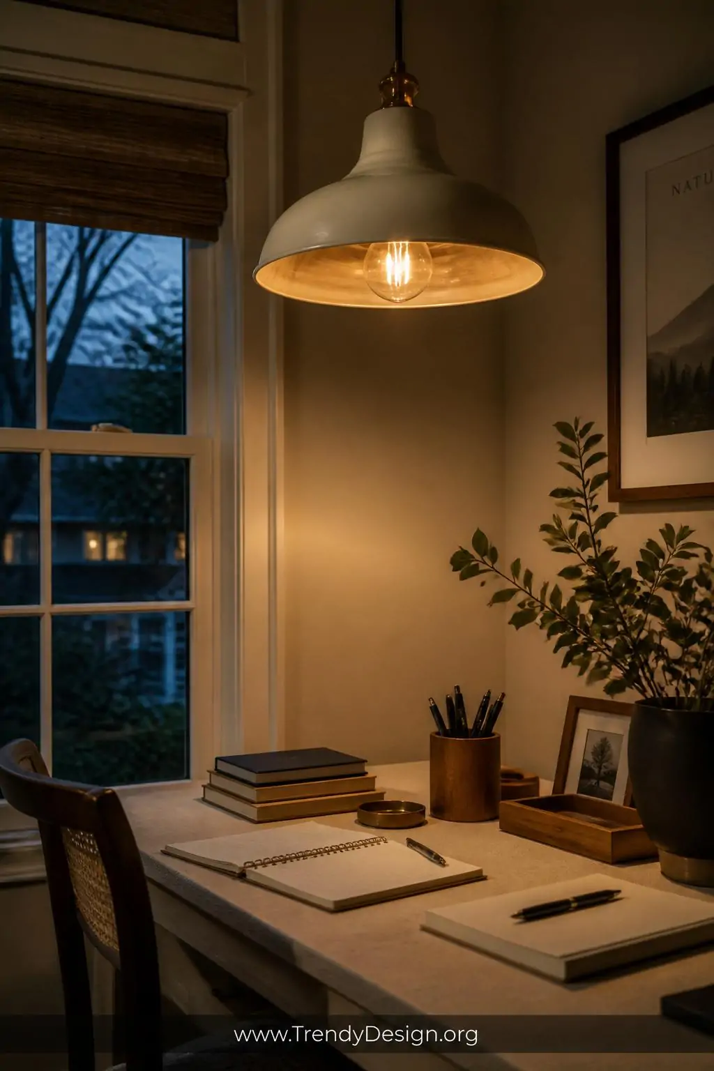 Medium shot of a cozy home office desk corner featuring warm 3000K Edison-style bulbs in a ceramic pendant fixture overhead, 
