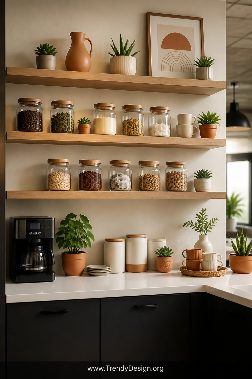 Medium-angle photorealistic interior shot of a styled office pantry wall with natural oak floating shelves at staggered heigh