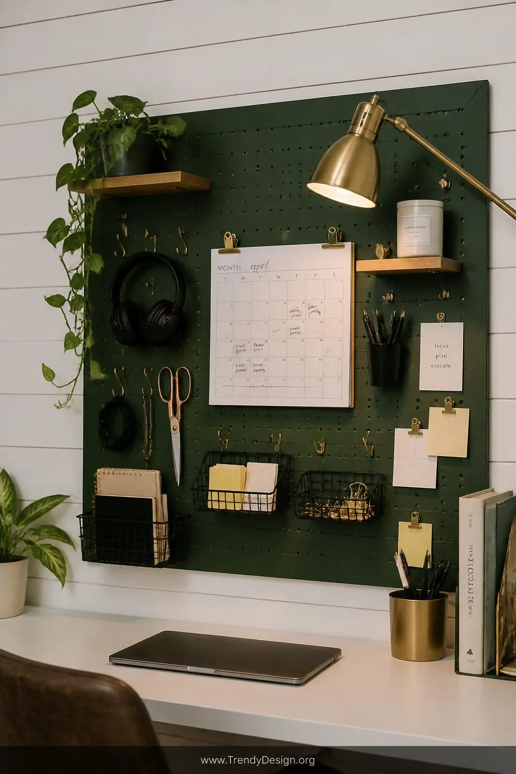 A medium-shot photorealistic interior design image of a home office pegboard command center painted in deep forest green, mou