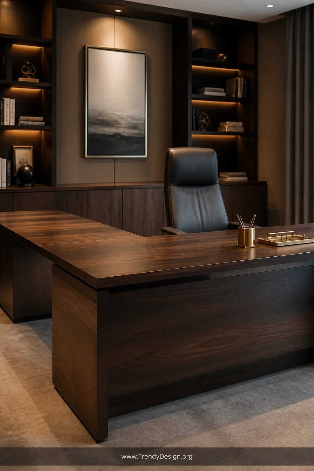 Medium photorealistic shot of a large dark walnut L-shaped desk with ultra-clean surface styling, a single premium leather ex