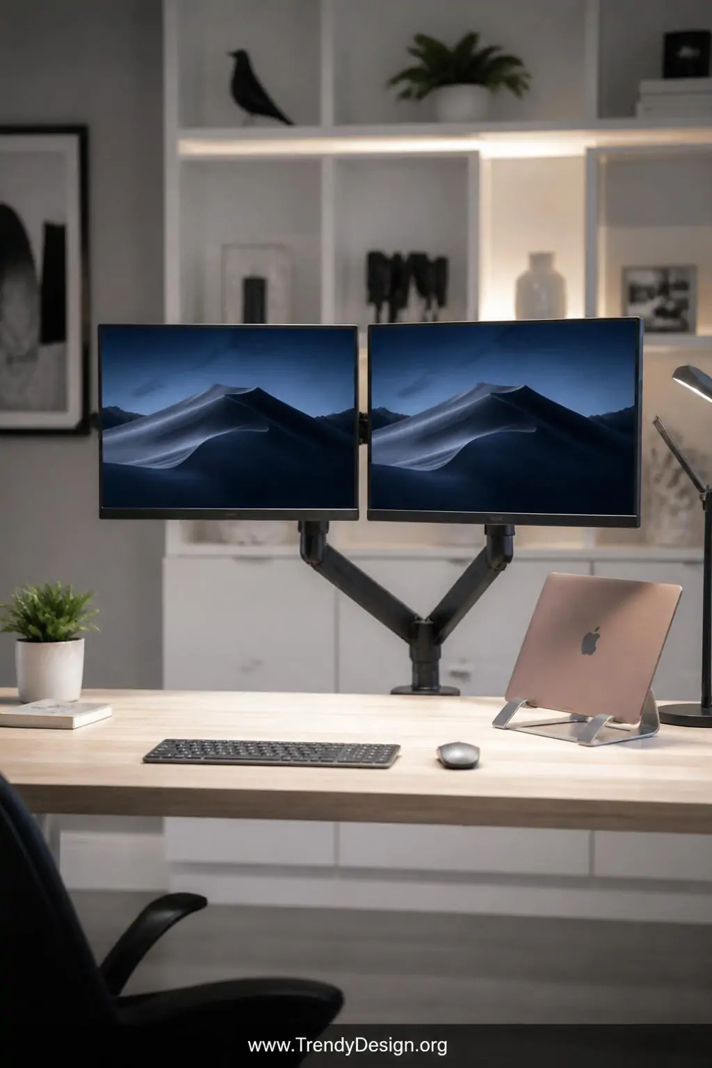 Medium shot centered on a dual-monitor setup mounted on a sleek matte black adjustable monitor arm at precise eye level, scre