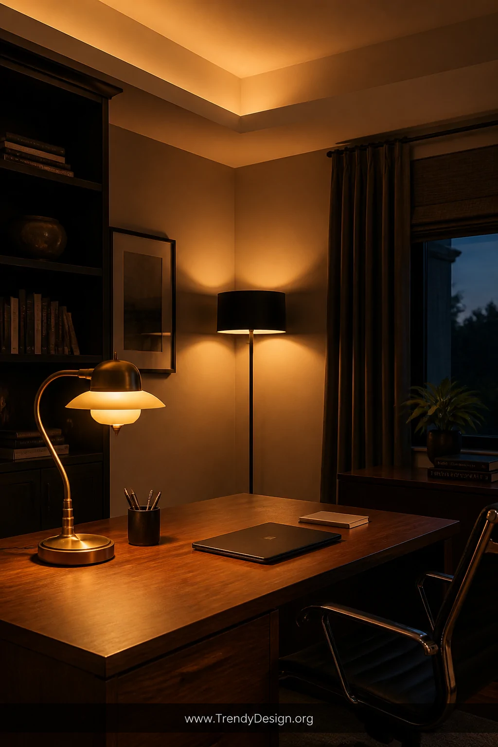 Medium shot of a layered office lighting setup featuring a sculptural brass desk lamp casting warm amber light on a walnut de