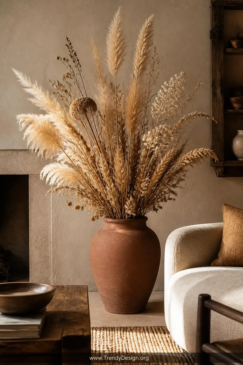 A wide-angle shot of a bohemian living room corner featuring a large matte terracotta vase overflowing with a wild loose arra