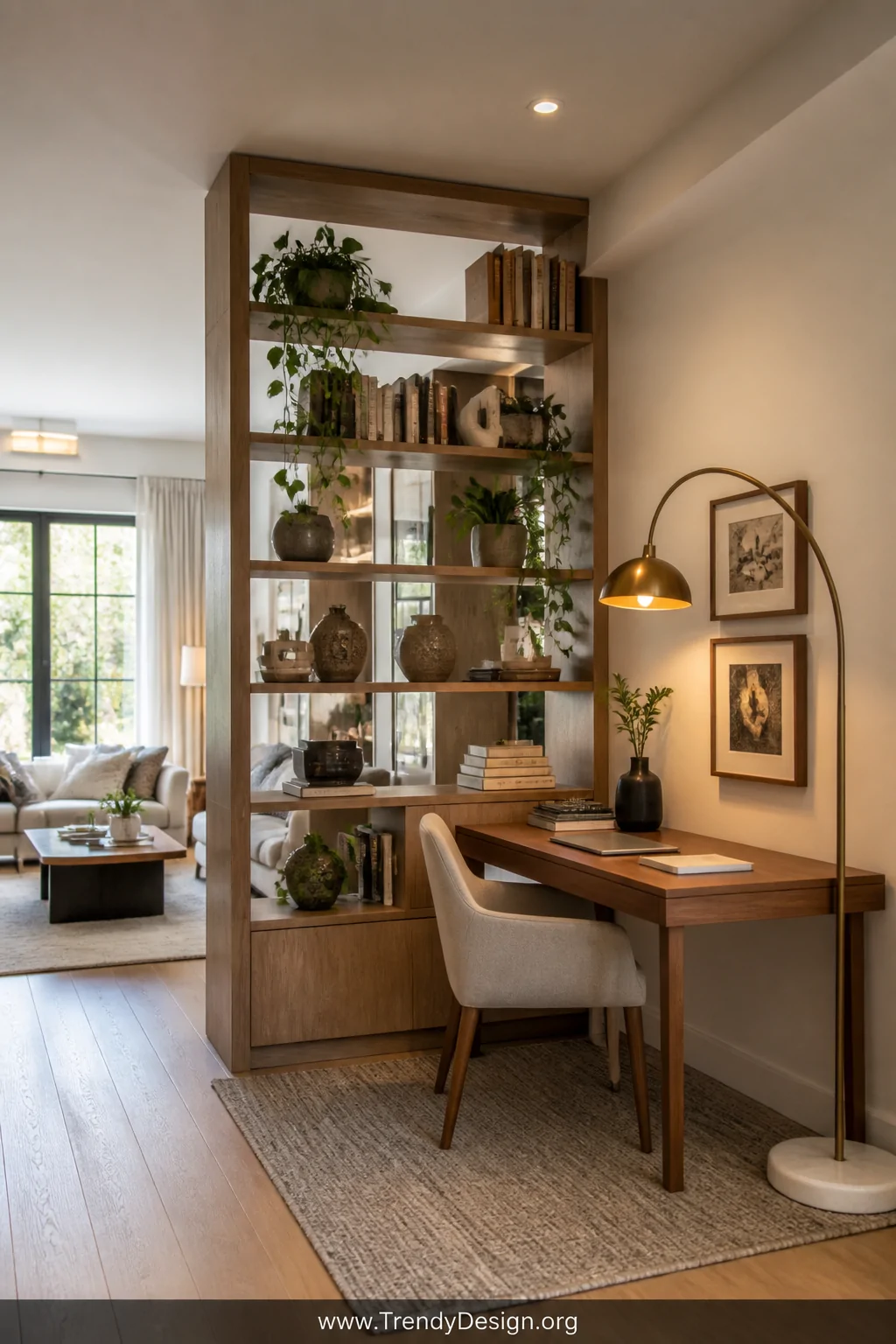 A sunlit living room corner home office neatly carved out by a tall open bookshelf acting as a room divider, the shelves styl