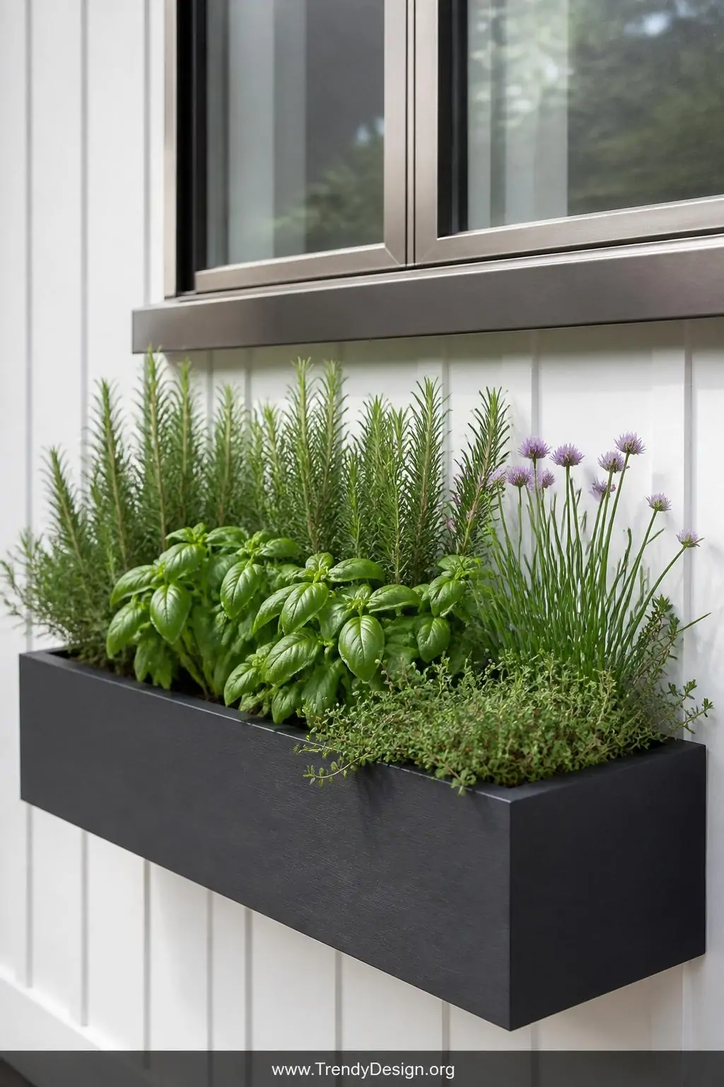 Medium closeup shot of a sleek charcoal-painted rectangular wooden window box mounted on a crisp white modern farmhouse exter