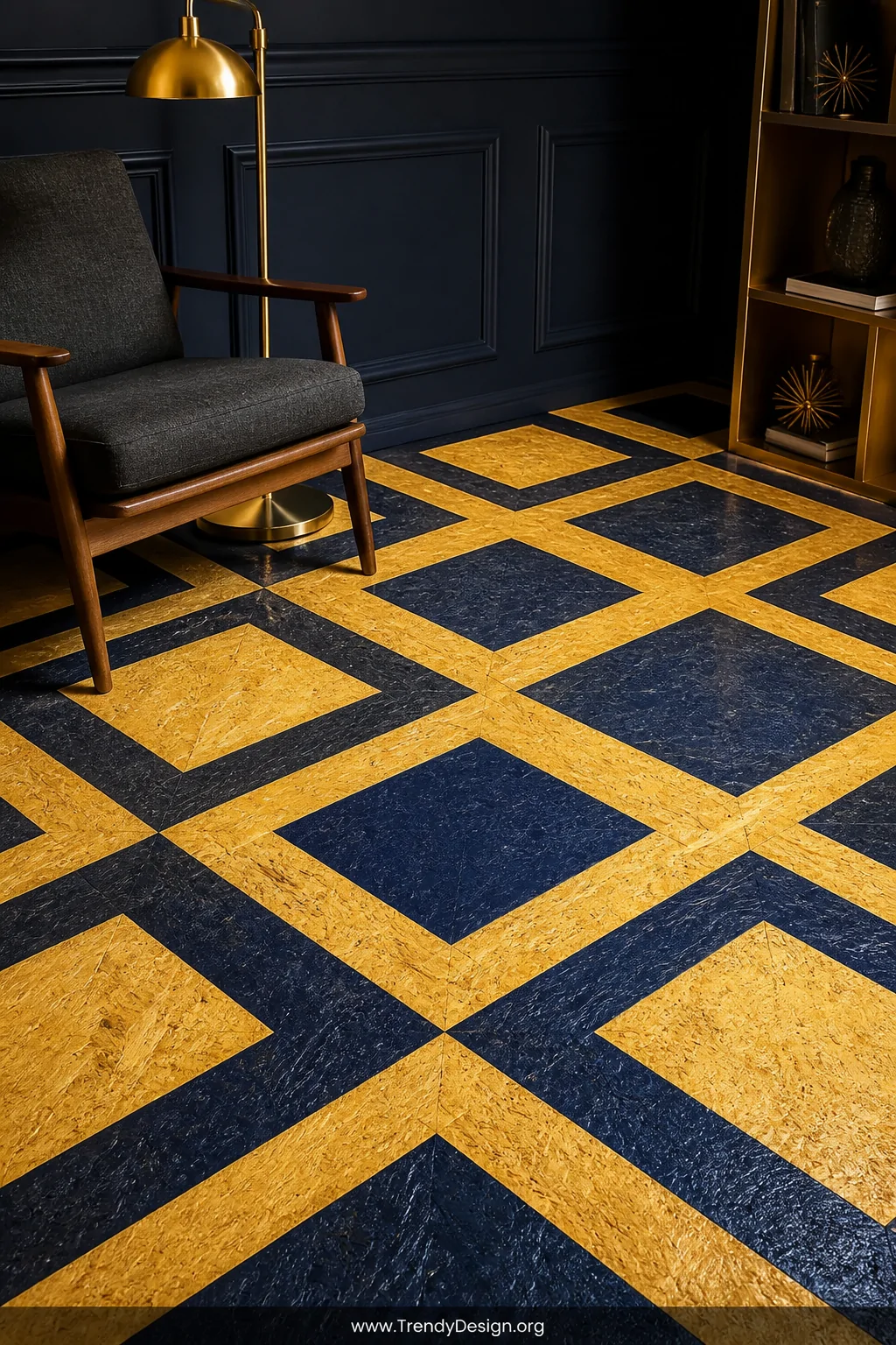 Medium photorealistic interior shot of a bold geometric diamond-grid painted OSB floor in navy and gold, crisp taped edges wi