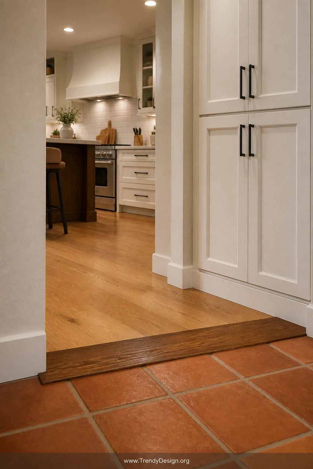 Medium shot of a stylish entryway-to-kitchen threshold where a sloped wood-veneer reducer strip in warm chestnut finish grace