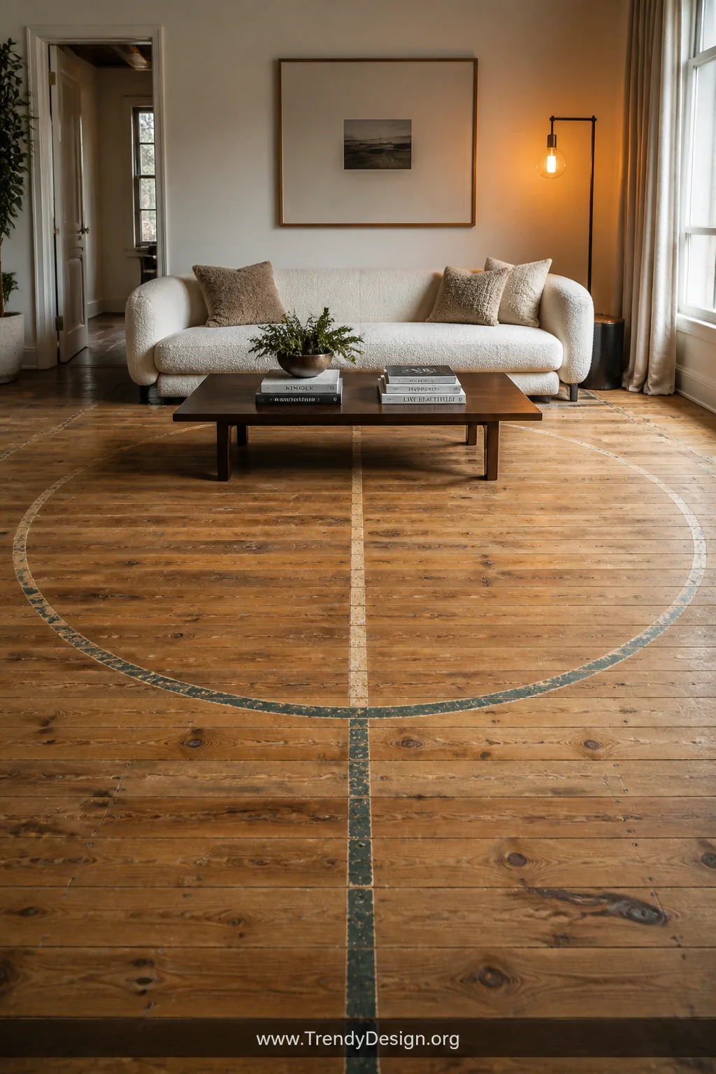 Wide living room shot of wide reclaimed maple gymnasium floor planks installed wall to wall, a faded half-court circle center