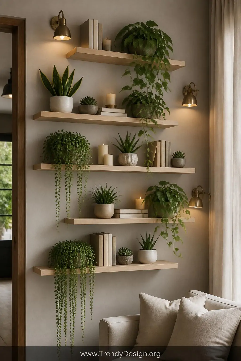 Medium-shot photorealistic living room wall featuring five staggered white oak floating shelves at varying heights loaded wit