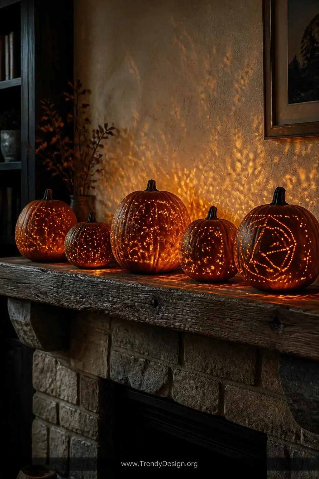 A medium-shot photorealistic interior of a stone fireplace mantel where five drill-patterned pumpkins displaying geometric co