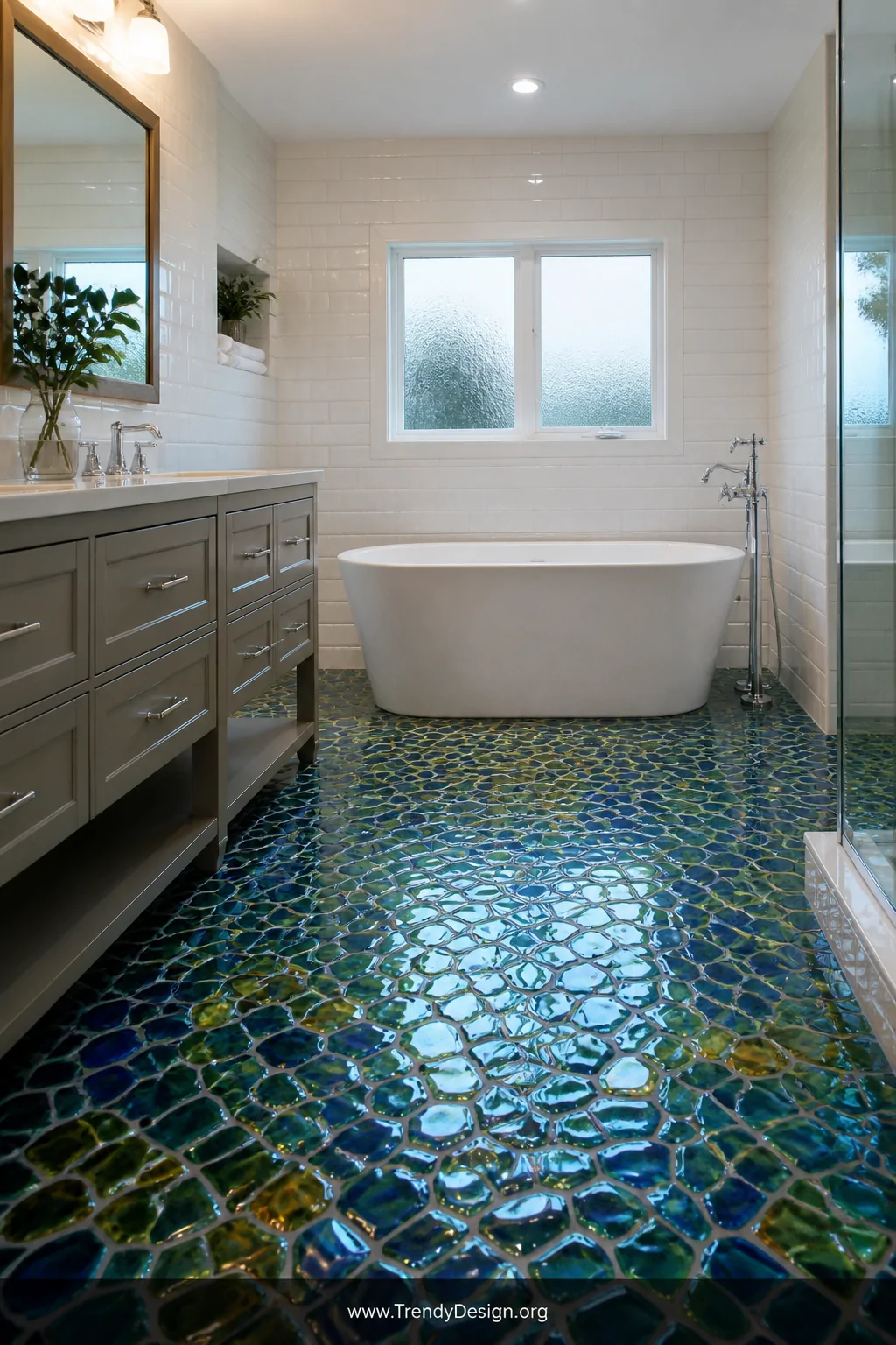 Medium photorealistic bathroom shot showcasing recycled glass tile floors in jewel-toned deep ocean blue, mossy green, and wa