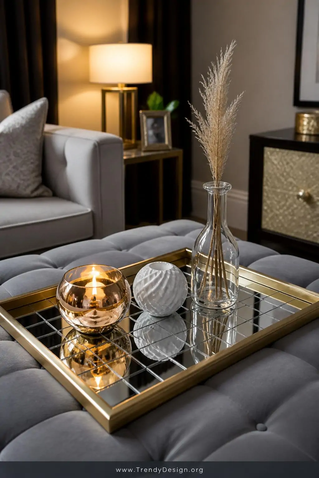 Medium shot of a DIY mirrored tray assembled from small square mirror tiles inside a brushed gold picture frame resting on a 
