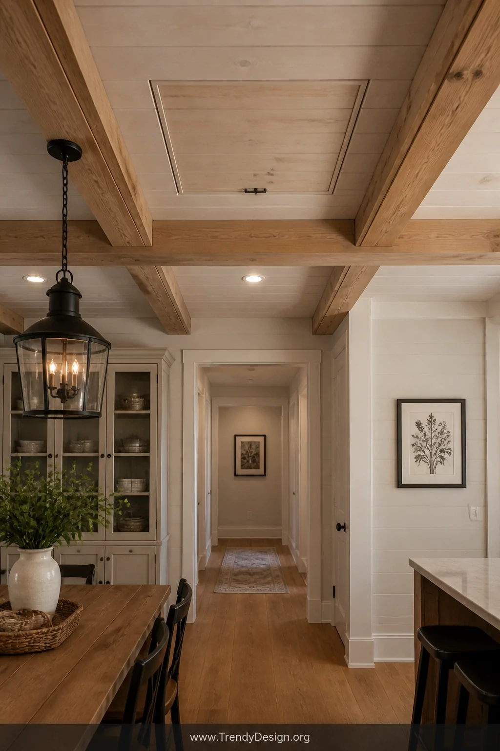 Medium photorealistic interior shot of a warm farmhouse-style dining room ceiling featuring a shiplap-paneled attic access do