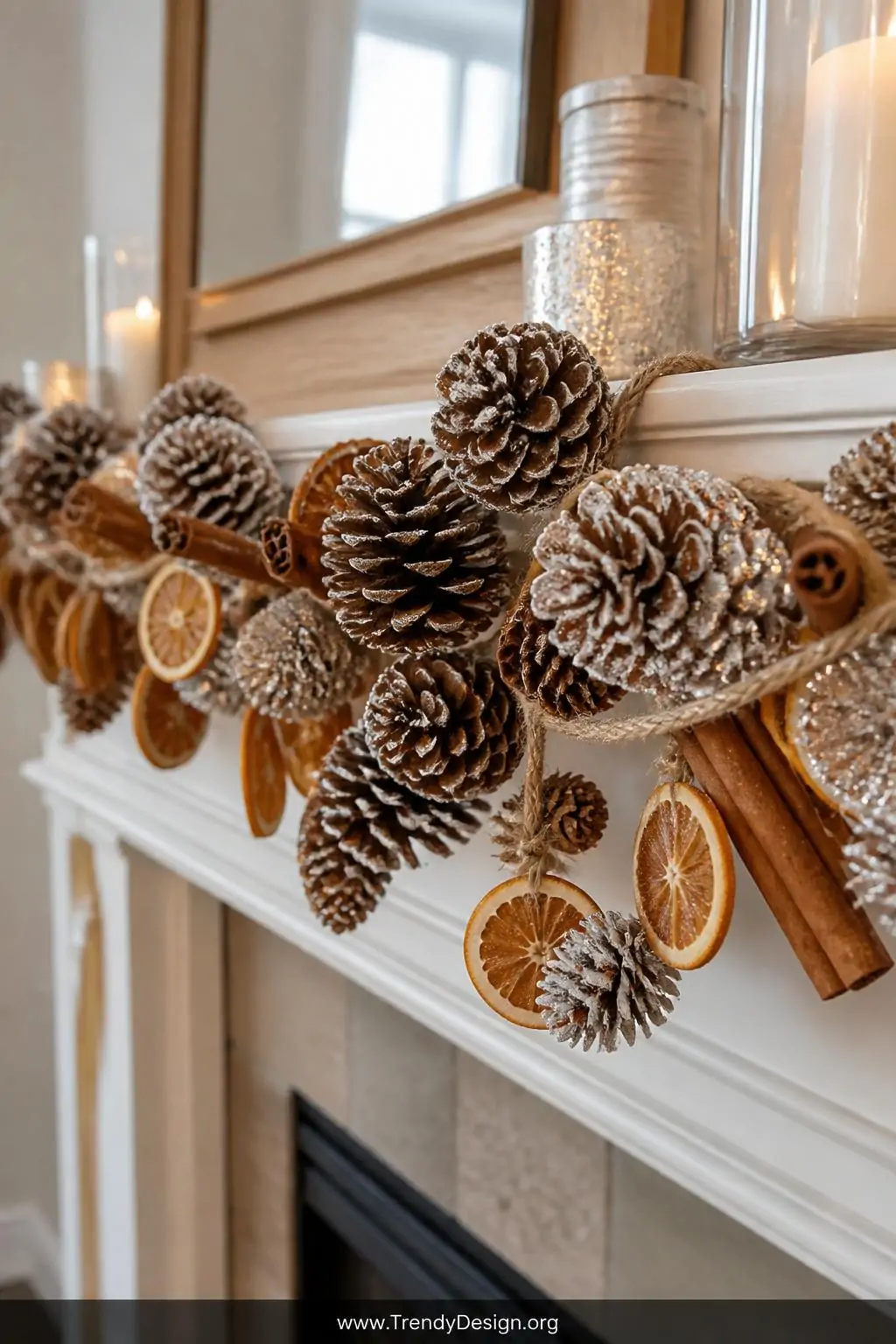 A close-up shot of a lush pinecone garland draped across a white painted fireplace mantle, pinecones ranging from small to la