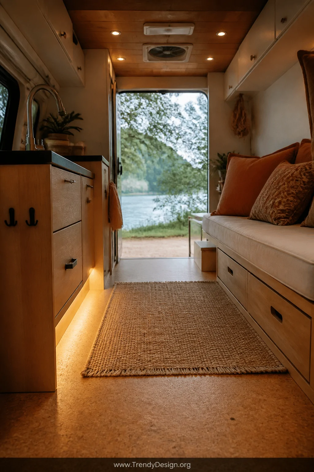 A medium-shot photorealistic van interior featuring warm honey-toned cork flooring with visible natural texture and subtle gr