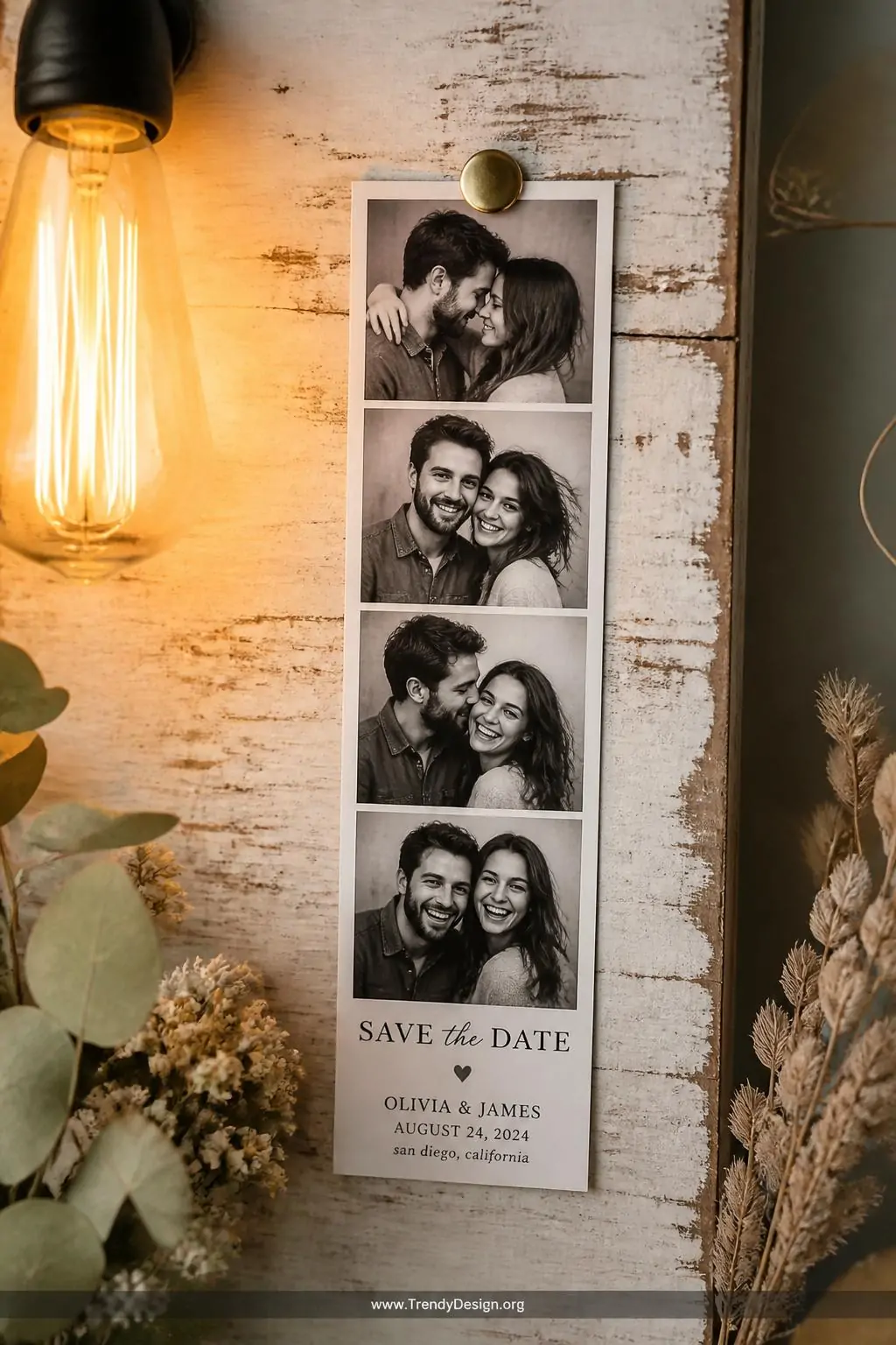 A medium shot of a vertical photo strip save the date magnet pinned to a rustic whitewashed wooden board, four black and whit