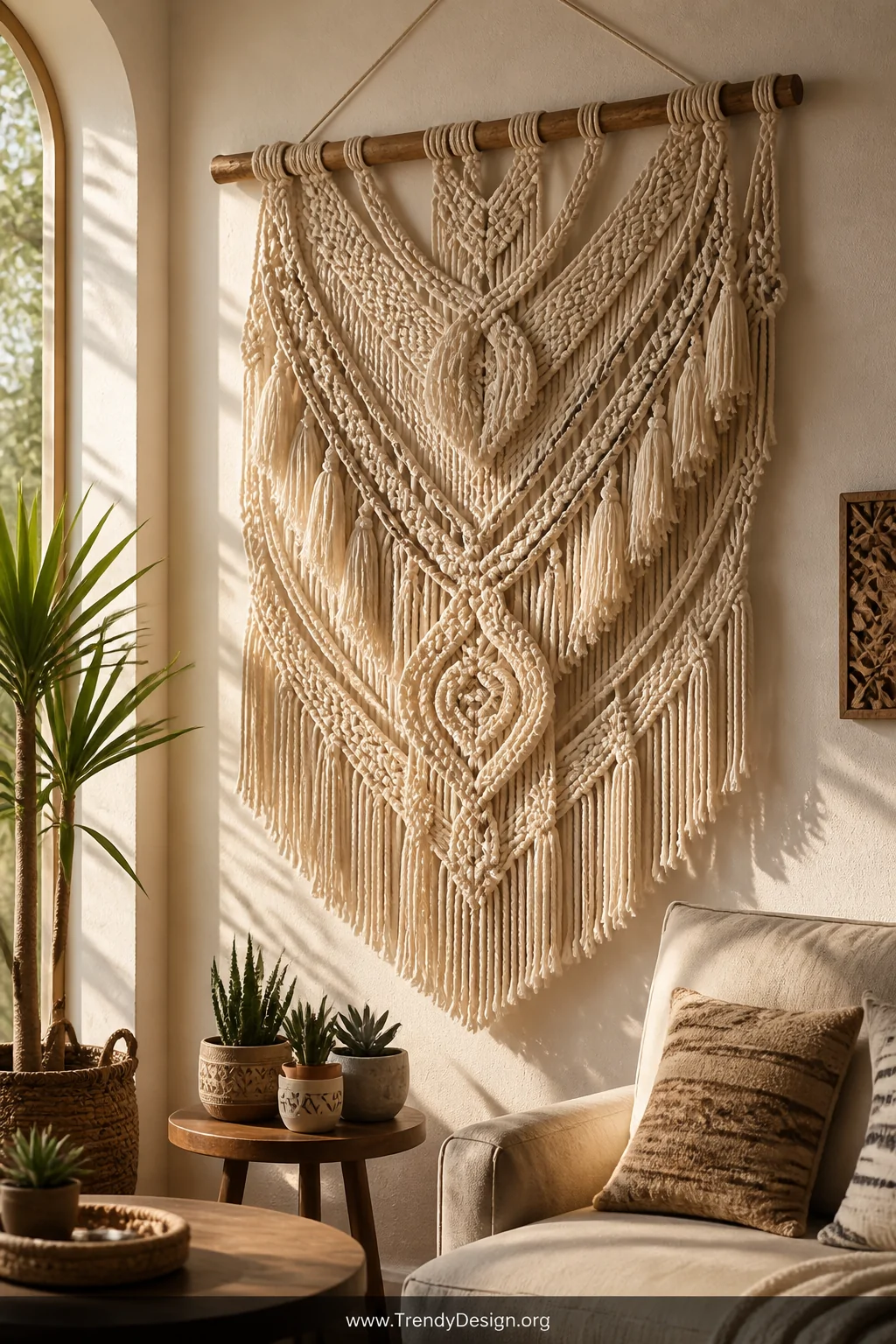 Medium-distance photorealistic shot of a warm bohemian living room wall showcasing a large handmade cotton rope macramé wall 